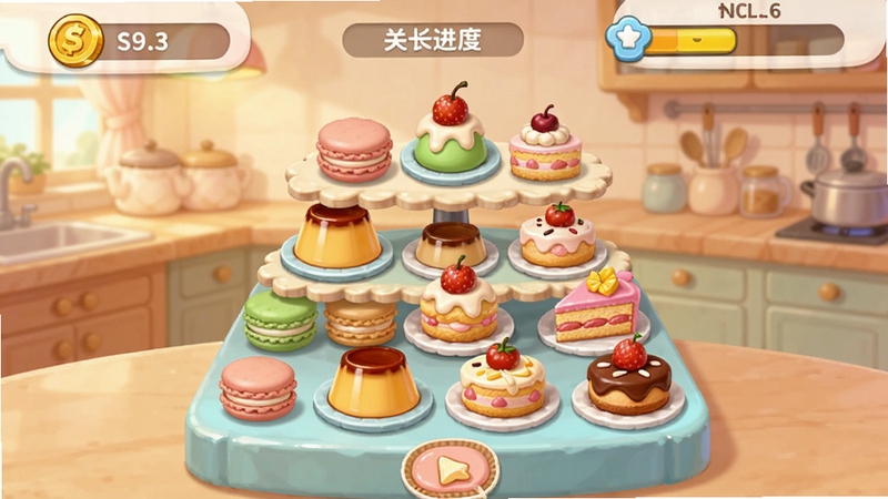 合并甜食游戏主界面,画面中央摆放着多层甜品合成台,马卡龙、布丁、蛋糕等甜点有序排列,背景为柔和暖色调的厨房场景,顶部显示金币与关卡进度,整体风格清新可爱,适配手机竖屏比例