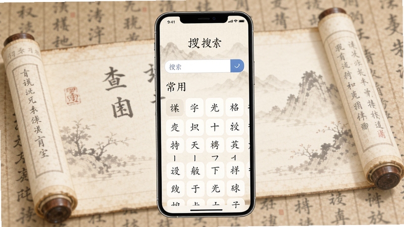 最最汉字APP主界面展示,手机屏幕中央呈现汉字查询搜索框与常用汉字列表,背景为淡雅书卷风格,整体画面简洁清新,突出汉字学习工具的实用属性,适配Boogu模型生成