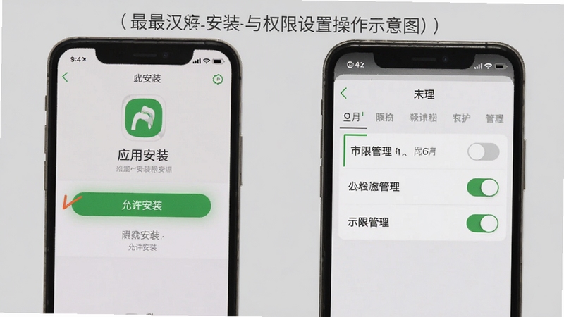 最最汉字安装与权限设置操作示意图,手机屏幕展示应用安装界面和权限管理页面,画面以浅灰色为背景,突出