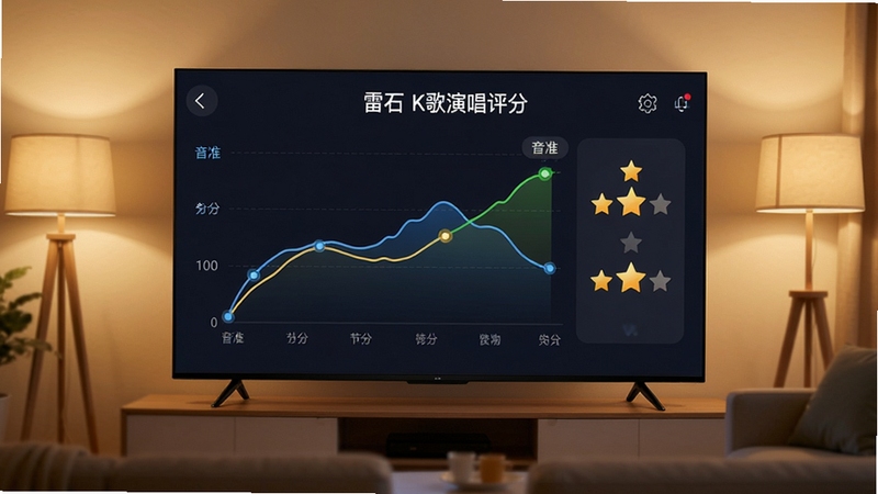 雷石K歌演唱评分界面,屏幕显示音准节奏打分曲线与星级评价,客厅电视大屏场景,温馨灯光,高清写实风格
