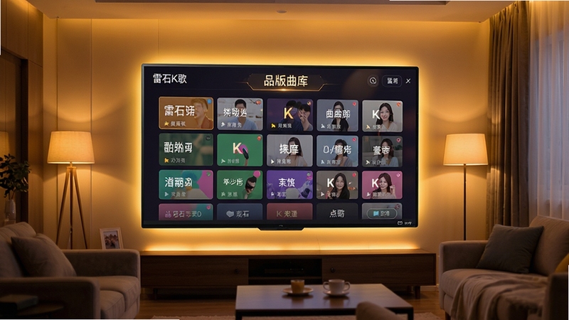雷石K歌软件界面展示海量正版曲库分类列表,大屏点歌台风格,暖色灯光背景,客厅KTV场景,高清细节