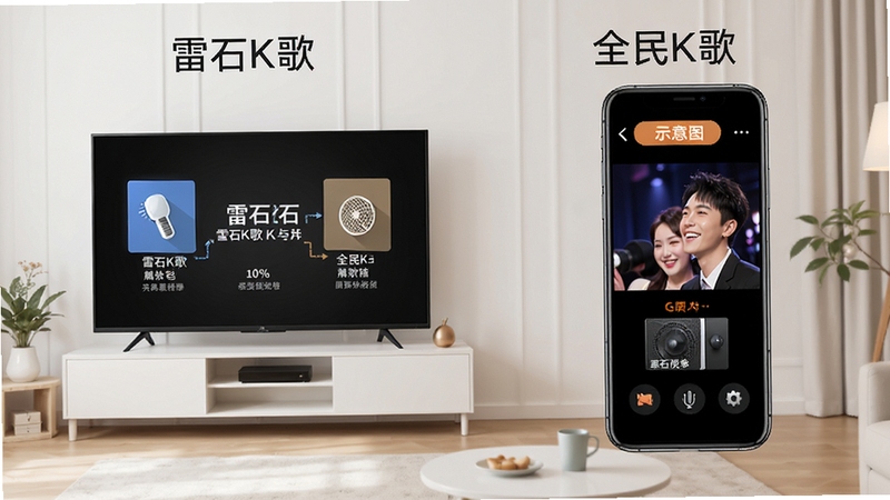 雷石K歌与全民K歌功能对比示意图,客厅电视与手机屏幕并排展示,简洁信息图风格,高清