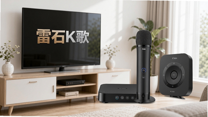 雷石K歌家庭机顶盒与麦克风套装产品展示图,客厅电视柜场景,简洁明亮,高清电商风格