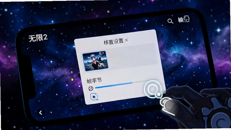 弹幕无限2移动端设置界面展示画质与帧率调节选项,画面为手机屏幕特写,界面简洁,背景为游戏内星空主题,突出设置菜单与触控操作示意