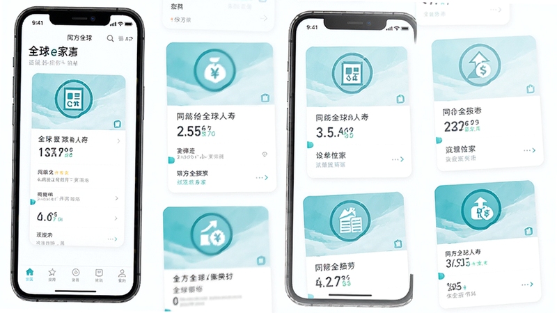 同方全球人寿全球e家手机端保单列表界面,清爽白色背景,卡片式保单信息展示,蓝绿色调图标,现代金融App设计风格,高清细节