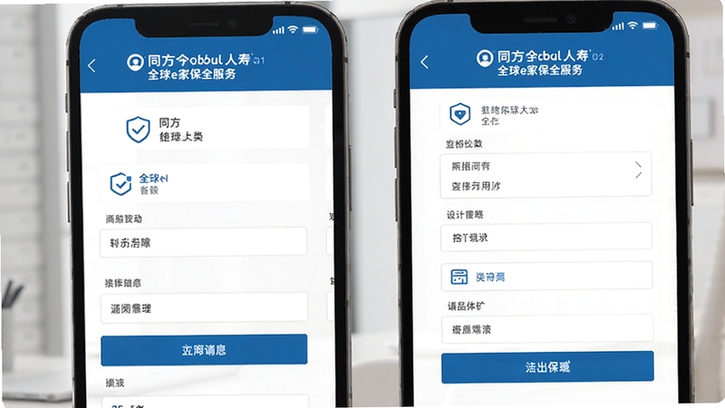 同方全球人寿全球e家保全服务页面,手机屏幕展示信息修改表单,简洁蓝色调,扁平化UI设计,商务风格