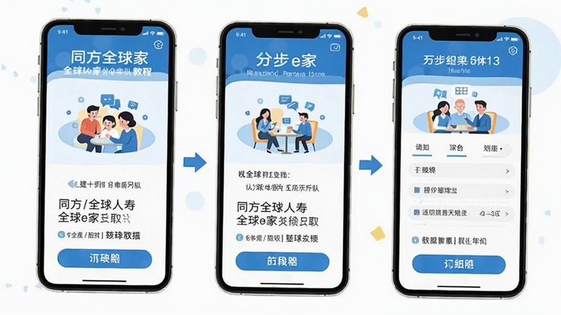 同方全球人寿全球e家使用教程示意图,手机界面分步操作指引,简洁明亮风格,扁平插画,蓝白配色