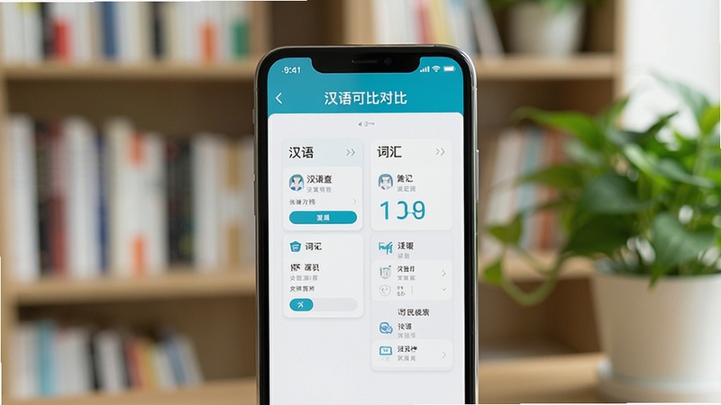 汉语可比软件主界面全貌展示,画面中央为手机屏幕特写,屏幕内呈现简洁的汉语查询与词汇对比功能界面,背景为柔和的书架与绿植虚化区域,整体色调清新明亮,适合软件下载站展示使用