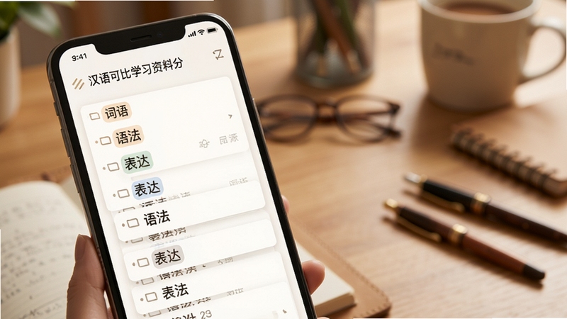 汉语可比学习资料分类页面展示,手机屏幕呈现多层级目录卡片,卡片上标注词汇、语法、表达等分类标签,背景为木质桌面与文具虚化,整体风格温和舒适