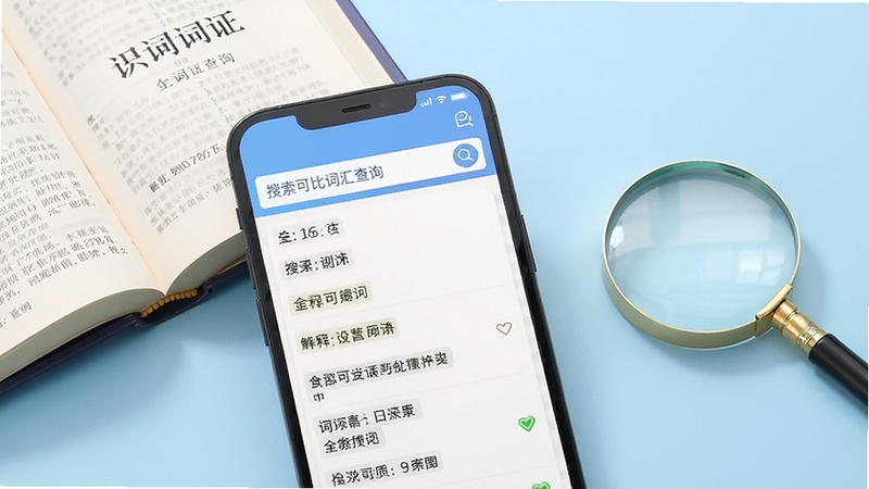 汉语可比词汇查询界面特写,手机屏幕显示搜索框与词条解释列表,旁边配有翻开的词典与放大镜元素,背景为浅蓝色渐变,画面干净整洁,突出查询功能的便捷性