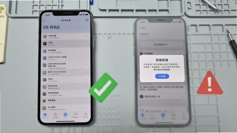 汉语可比安装与权限设置操作示意图,画面展示手机设置界面与安装提示弹窗,旁边配有对勾与警示图标,背景为浅灰色工作台面,整体风格清晰直观