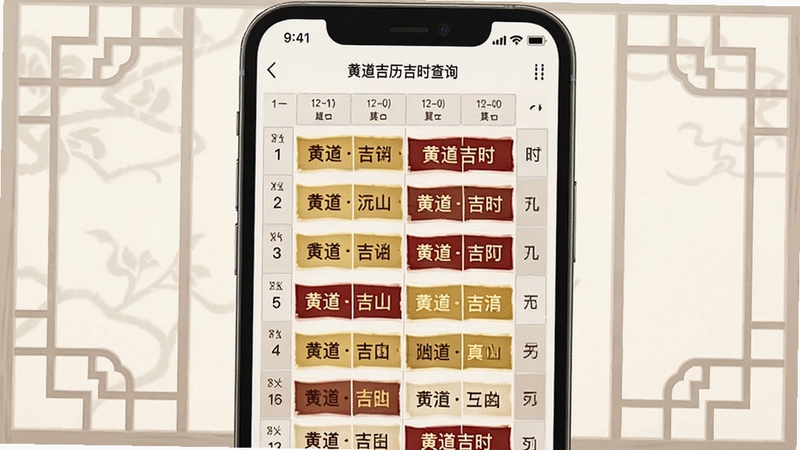 黄道吉历吉时查询界面特写,手机屏幕显示十二时辰吉凶表格,金色与深红色标注黄道吉时,背景为淡雅的中式窗棂图案,画面干净整洁,适配Boogu模型生成