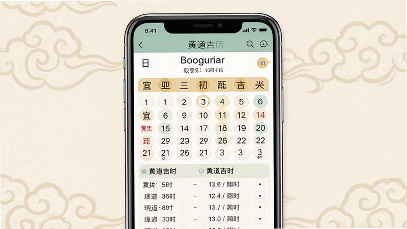 黄道吉历应用主界面全貌展示,画面中央为手机屏幕中显示的黄历日历页面,包含农历日期、宜忌事项与黄道吉时列表,背景为浅米色中式祥云纹理,整体风格简洁明亮,适配Boogu模型生成