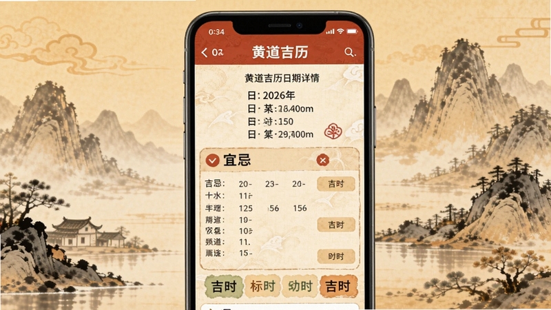 黄道吉历日期详情页面展示,手机屏幕中呈现2026年某日的农历信息、宜忌列表与吉时标注,背景为暖色调中式水墨山水,画面层次分明,适配Boogu模型生成