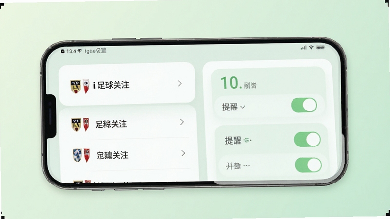 我i足球关注与提醒设置界面,手机屏幕上显示球队关注列表与提醒开关按钮,界面采用卡片式布局,配色柔和,背景为淡绿色渐变,整体视觉清爽