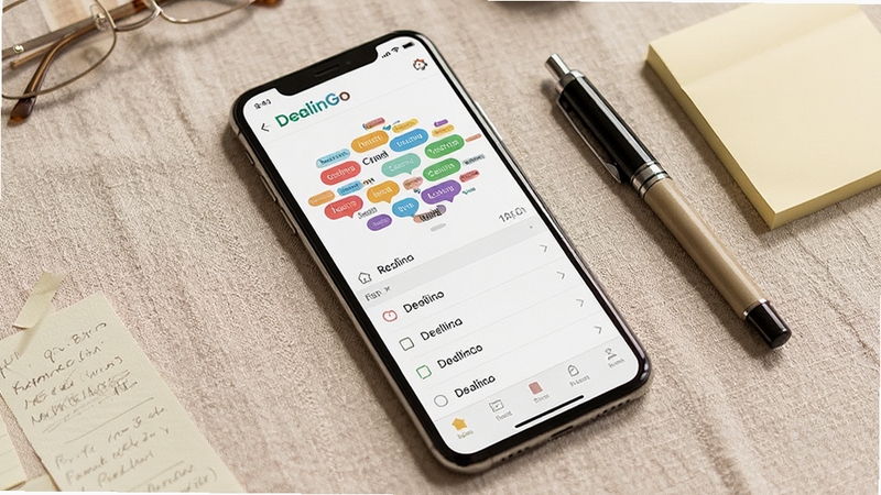 DealinGo��¼�������չʾ���ֻ�б���ڻ������룬��Ļ��ʾ��ɫ��ǩ������Ŀ�б�������Ϊǳɫ�������棬�Ա߷���һ֧�ʺͱ�ǩֽ������ɫ���ºͣ������������¼���ճ�����