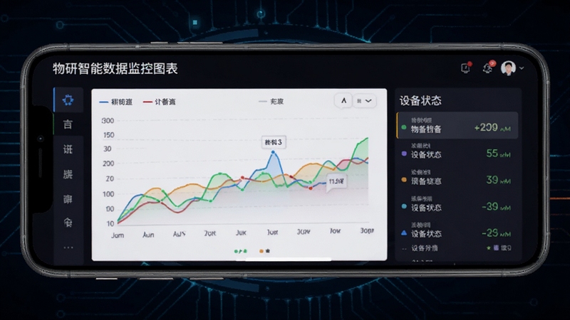 物研智能数据监控图表界面,手机屏幕展示折线图与设备状态列表,背景为深色科技风格,数据线条清晰可见