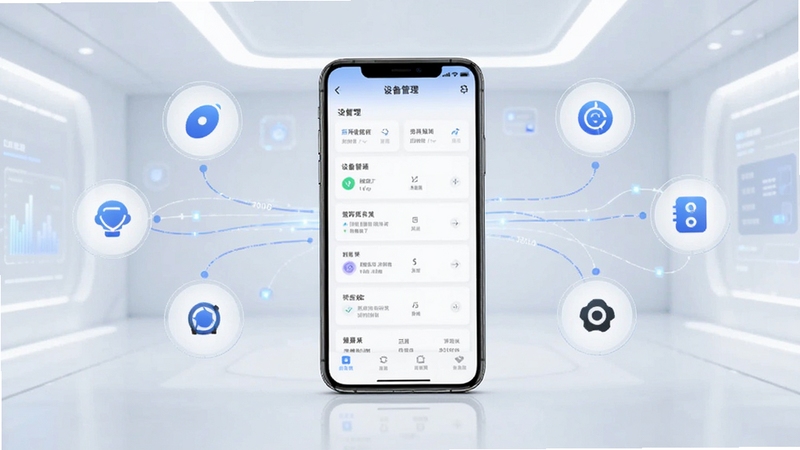 物研智能软件主界面全貌展示,画面中央为手机屏幕呈现设备管理面板,背景为浅色科技感空间,周围环绕智能设备图标与数据线条,整体风格简洁明亮,比例16:9