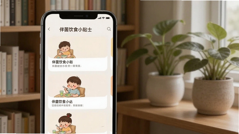 伴茵饮食小贴士内容页面,手机屏幕展示图文卡片列表,卡片上有儿童用餐插画与简短文字,背景为书房一角与绿植,整体氛围安静舒适,体现伴茵知识内容板块的阅读体验