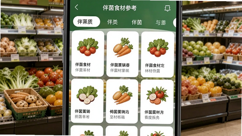 伴茵食材搭配参考库界面,手机屏幕显示分类标签与食材卡片网格,每张卡片带有食材插画和简短说明,背景为超市生鲜区货架,色彩丰富有序,突出伴茵食材参考功能的实用性