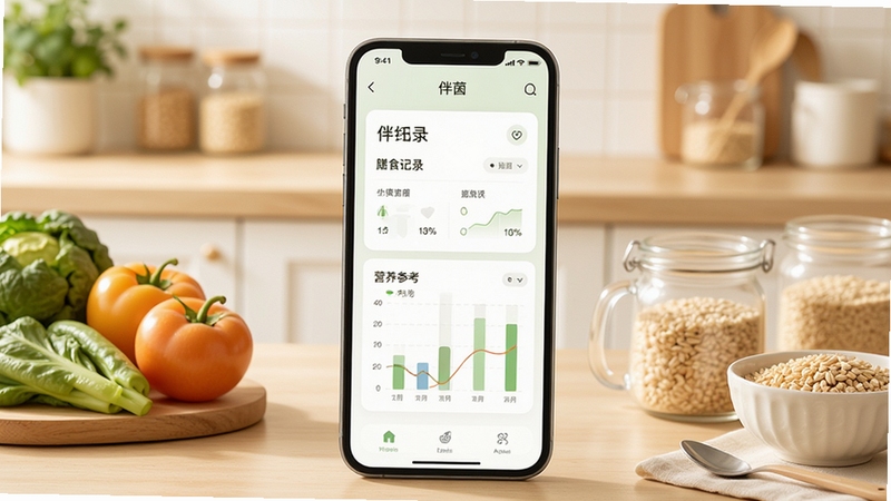 伴茵应用主界面展示,画面中央为手机屏幕,屏幕内呈现清爽的膳食记录卡片与营养参考图表,背景为温馨的浅色厨房台面,旁边摆放新鲜蔬果与谷物,整体色调柔和明亮,突出伴茵软件的健康管理氛围
