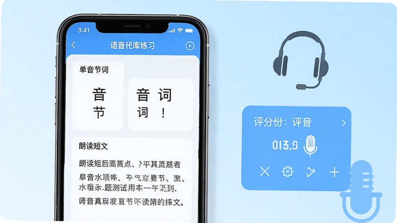 普通话水平测试考试真题软件内的题库练习界面,手机屏幕显示着单音节字词和朗读短文的练习页面,旁边有评分反馈区域,背景为淡蓝色渐变,配以耳机和麦克风图标元素,体现语音练习场景