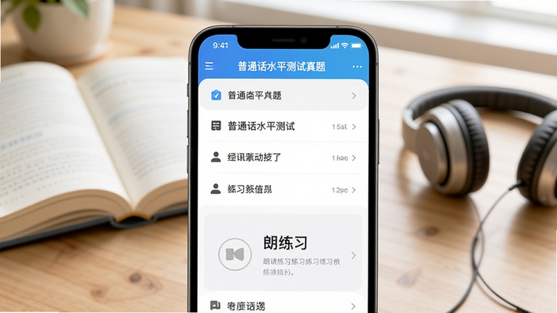 一款名为普通话水平测试考试真题的手机应用界面展示图,画面中央是手机屏幕特写,屏幕上显示着清晰的考试题库列表与朗读练习模块,背景为柔和的书桌场景,有书本和耳机作为点缀,整体色调明亮清新,突出学习备考氛围