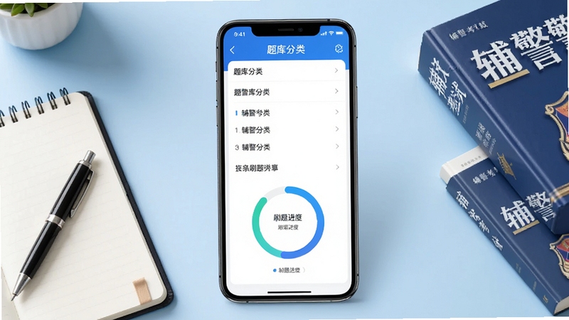 辅警百分题库手机App主界面展示,画面中央为一部竖屏智能手机,屏幕显示题库分类列表与刷题进度环形图,背景为浅蓝色渐变书桌场景,左侧摆放笔记本与签字笔,右侧点缀辅警考试相关书籍元素,整体风格清新明亮,适配Boogu模型生成