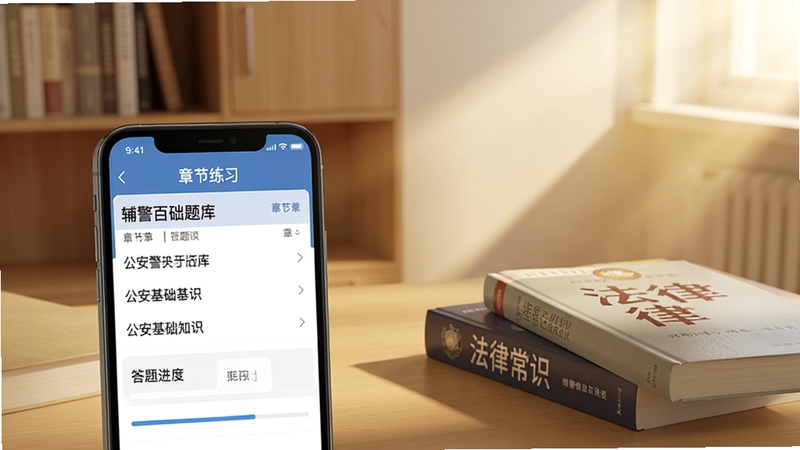 辅警百分题库章节练习界面特写,手机屏幕显示公安基础知识章节列表与答题进度条,背景为简约暖色调书房,桌面散落几本法律常识书籍,画面右上方有柔和阳光投射,整体氛围安静专注,适配Boogu模型生成