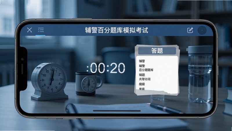 辅警百分题库模拟考试答题界面,手机横屏显示倒计时与答题卡,背景为安静的自习室环境,桌面上有计时器与水杯,画面色调沉稳偏冷,突出专注考试氛围,适配Boogu模型生成