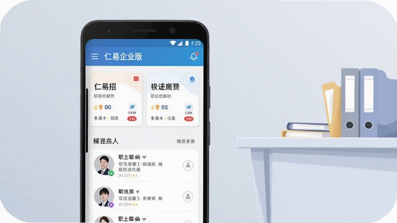 画面主体位于正中偏左位置,展示一部竖向摆放的安卓手机,屏幕内呈现仁易招企业版岗位管理界面,界面中有职位卡片和候选人列表;背景区域为浅灰蓝色渐变,右侧放置简洁的办公桌与文件夹元素,整体风格清爽商务,扁平化插画质感,光线柔和均匀,分辨率1080x720,适合软件下载站头图使用
