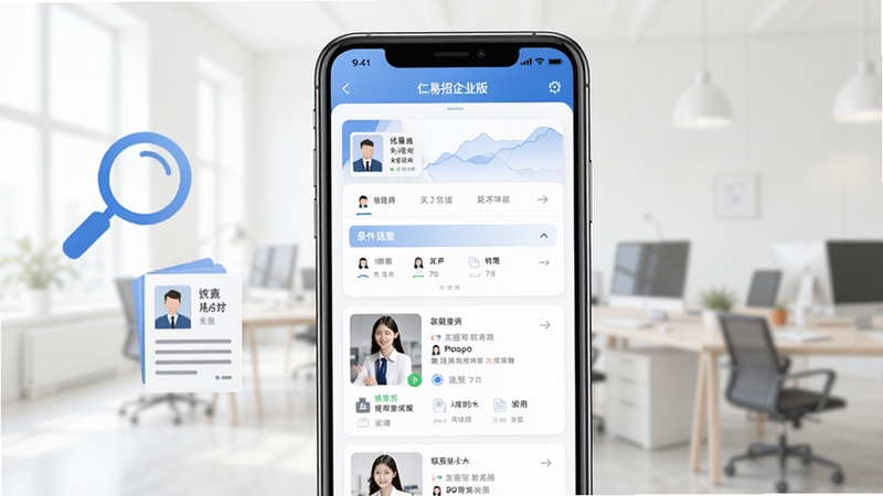 仁易招企业版人才筛选界面展示,画面中央为手机屏幕特写,屏幕内呈现条件筛选面板与候选人卡片列表,背景为浅色办公场景虚化处理,左侧点缀放大镜与简历图标,整体色调以蓝白为主,干净利落,适合功能展示配图