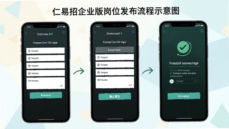 仁易招企业版岗位发布流程示意图,画面以手机界面分步展示为主,从左到右排列三个手机屏幕,分别呈现填写岗位信息、确认提交、发布成功三个状态,背景为浅色几何图形拼接,整体配色清新,适合教程类文章配图