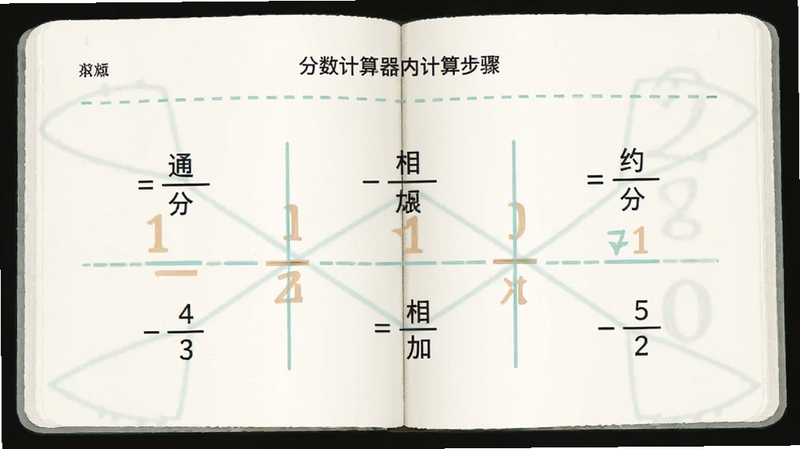 分数计算器应用内计算步骤展示页面,画面中分数运算被拆解为通分、相加、约分三个步骤并配有浅色分隔线,整体布局像一本打开的数学练习册,风格清新素雅