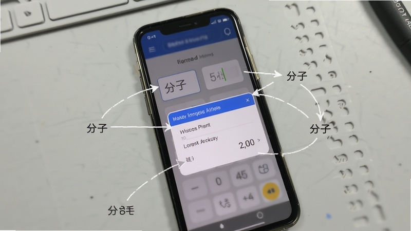 分数计算器移动端操作示意图,画面展示手机屏幕内分子分母输入框与权限设置弹窗的对应位置,配以简洁的箭头标注,背景为浅灰色工作台面,风格偏教程说明类