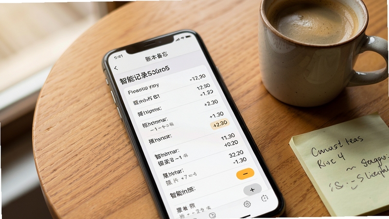 智能全能计算器历史记录与账本备忘页面展示,手机屏幕中列出一串计算记录条目,背景为暖色调木质桌面,旁边摆放咖啡杯与便签纸,营造生活化记账氛围