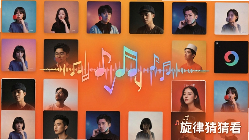 旋律猜猜看应用内曲库界面展示,整齐排列的专辑封面墙,中央浮现跳动的音符波形,背景为暖橙色渐变,画面右下角有旋律猜猜看字样标识,风格活泼现代