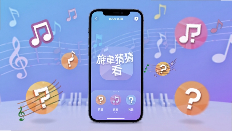 画面中央放置一部智能手机,屏幕显示旋律猜猜看应用界面,音符与问号图标环绕四周,背景为柔和的渐变蓝紫色音乐主题空间,光影层次分明,整体风格清新明快,适配Boogu模型生成