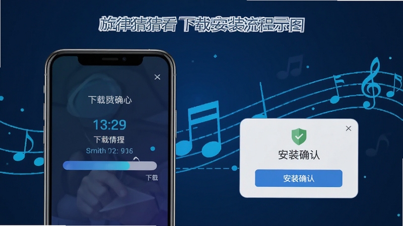 旋律猜猜看下载安装流程示意图,手机屏幕显示下载进度条与安装确认弹窗,背景为科技感蓝色线条与音符元素,画面简洁直观,适合新手参考