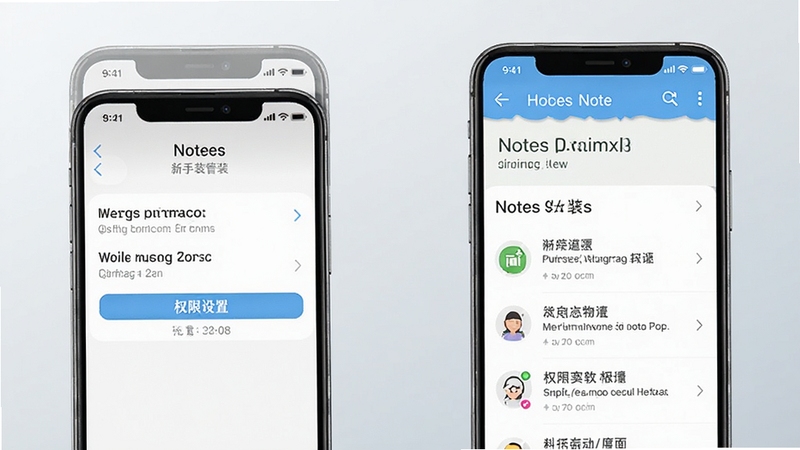 随手笔记软件安装与权限设置示意图,手机屏幕展示应用权限管理页面与笔记列表界面并排,背景为浅灰渐变,画面简洁清晰,突出新手安装引导场景