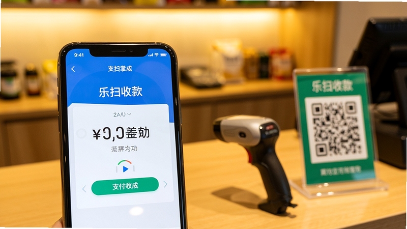 乐扫掌柜手机屏幕特写,显示聚合收款成功页面与金额数字,旁边放置扫码枪和收款码立牌,背景虚化的店铺柜台,暖光氛围,突出支付完成的即时反馈