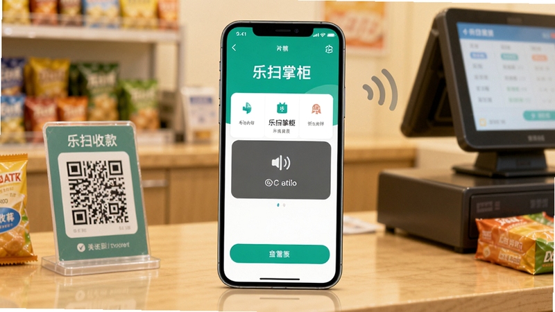 画面主体为一部智能手机居中放置,屏幕显示乐扫掌柜收款界面与语音播报提示,背景为暖色调的便利店收银台场景,桌面摆放扫码牌与商品,光线明亮柔和,整体风格写实商务,突出移动收款工具的便捷感