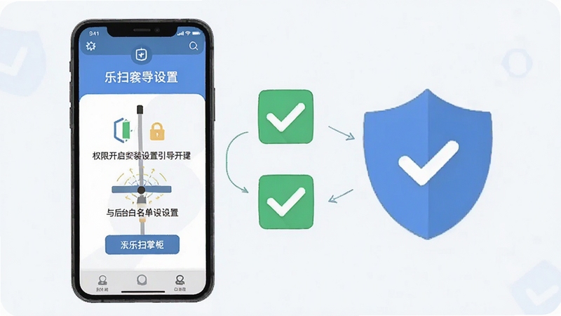 乐扫掌柜安装设置引导页面示意,手机屏幕展示权限开启与后台白名单设置步骤,旁边有勾选图标和盾牌安全元素,背景简洁浅色,风格扁平化教学图示