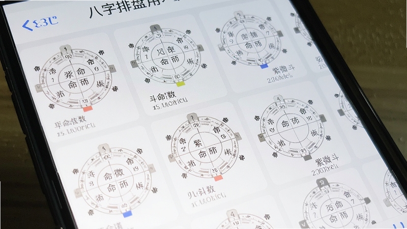 紫微斗数八字排盘应用内排盘记录列表页面,多条命盘记录整齐排列,手机界面特写,浅色背景,清晰文字细节