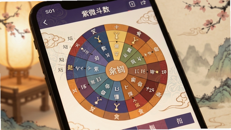 紫微斗数八字排盘软件界面展示十二宫命盘与星曜分布,手机屏幕特写,简洁国风背景,柔和暖光,高清细节