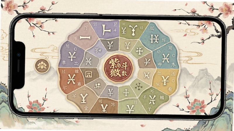 紫微斗数八字排盘命盘解读界面,十二宫位与星曜标注清晰,手机屏幕展示,柔和国风配色,细节丰富
