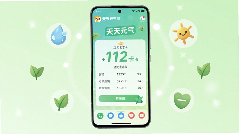 画面主体为一部竖屏安卓手机居中放置,屏幕显示天天元气应用首页的活力打卡界面,背景为浅绿色渐变与柔和光晕,周围点缀水滴、太阳、绿叶等健康元素图标,整体风格清新明快,适配Boogu模型生成