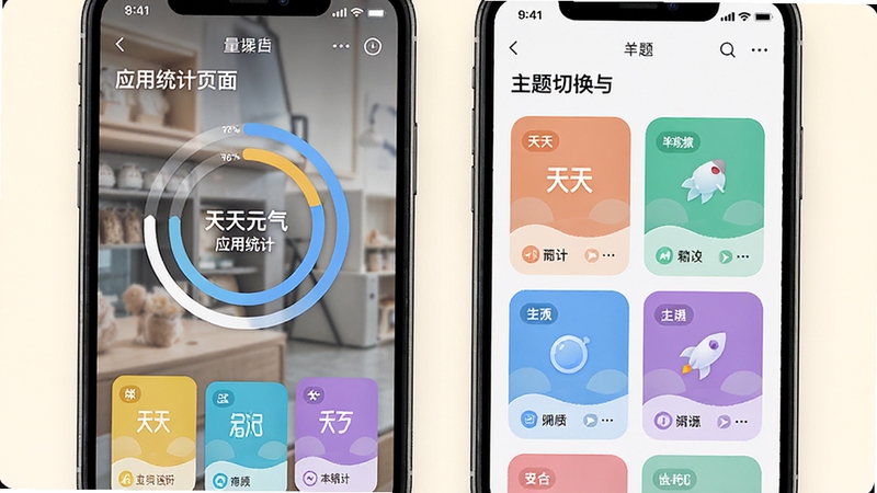 天天元气应用统计页面与主题切换界面并排展示,手机屏幕呈现环形进度图与多色主题卡片,背景为柔和米白色,突出轻量设计感