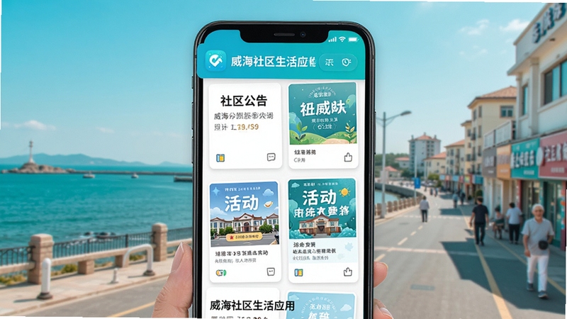 威海社区生活应用首页资讯列表界面展示,手机屏幕中呈现社区公告卡片与活动海报,背景为威海海滨城市街景,明亮清新的蓝绿色调,扁平化UI设计风格,细节清晰,适合应用商店展示图