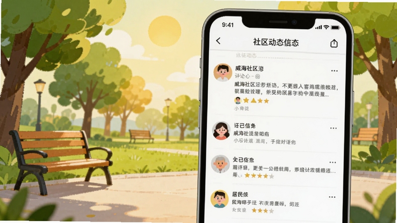 威海社区生活邻里互动板块界面示意图,手机屏幕展示社区动态信息流与居民头像评论,背景为威海社区公园绿树与长椅,阳光明媚,插画风格,色彩温暖,构图简洁